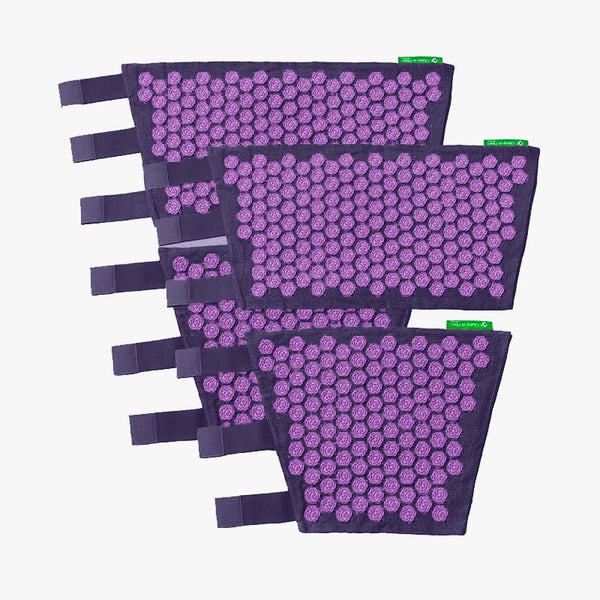Mauve linen acupressure leg wrap with violet lotus spikes by Champ de Fleurs for muscle relaxation and wellness

